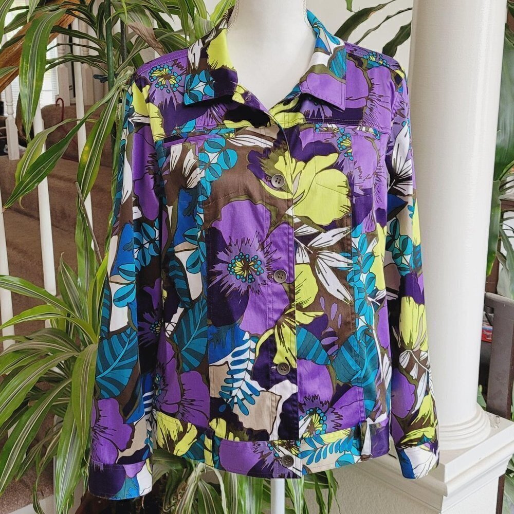 Chico's Brightly Colored Floral Jacket Bold Sz2 Lg
